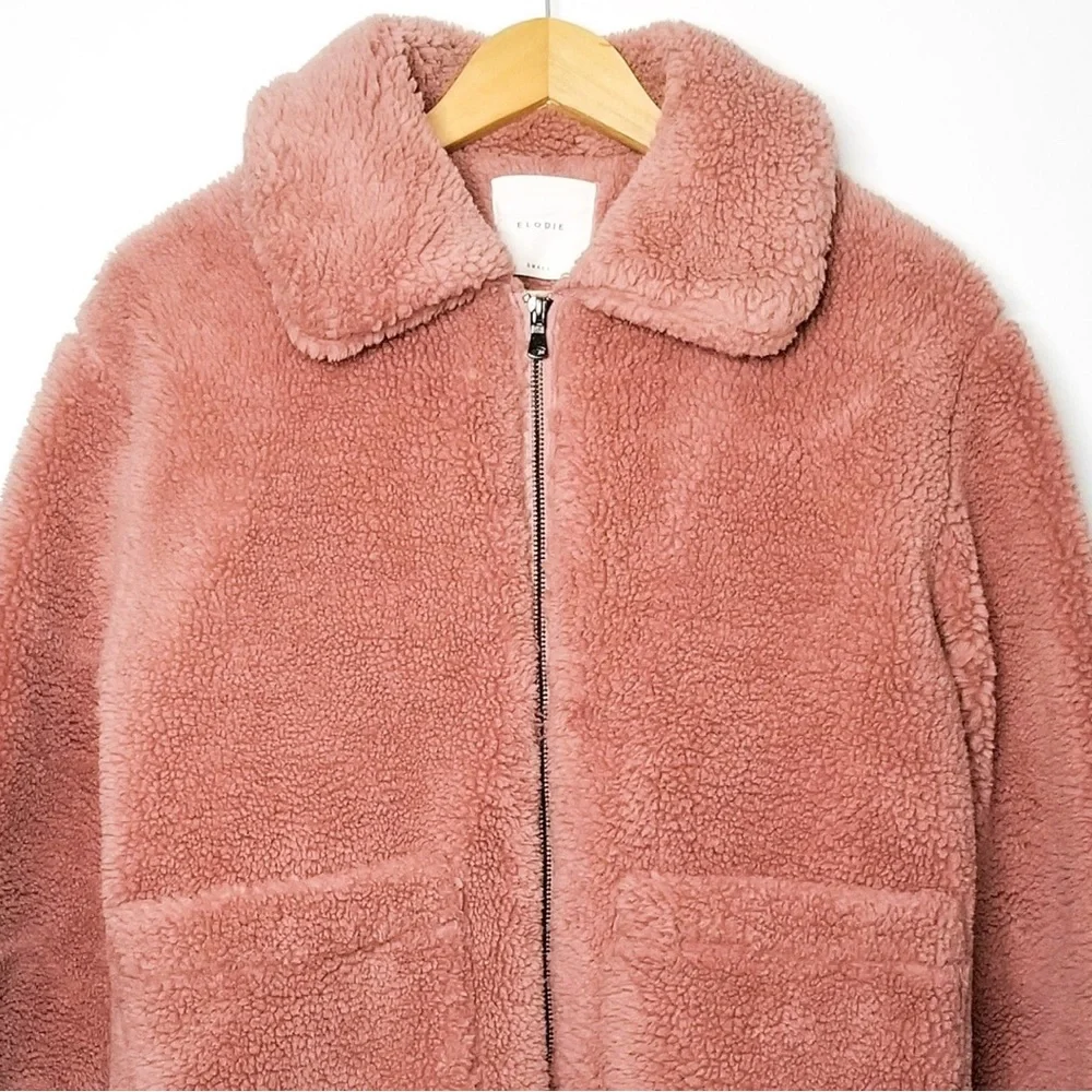 Anthropologie Elodie Pink Teddy Faux Fur Sherpa Shearling Jacket w/ Pockets - Picture 3 of 9